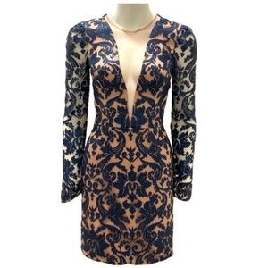 Dress The Population Mini Dress S Blue Claudia Plunging Illusion Sequin Lace